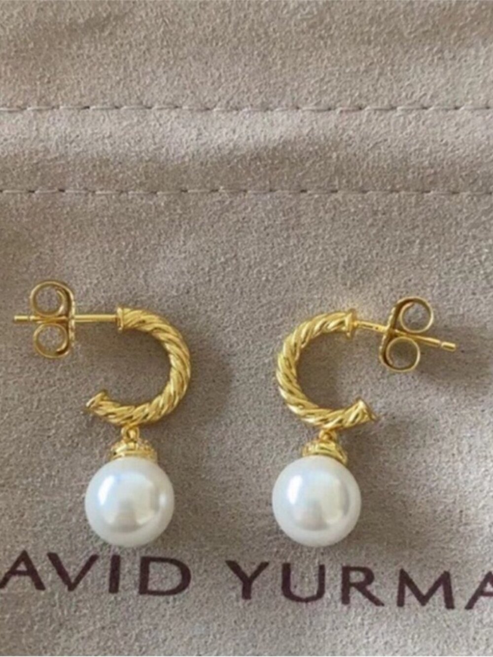 David Yurman Gold Cable Pearl Drop Hoop Earrings - Gold and White